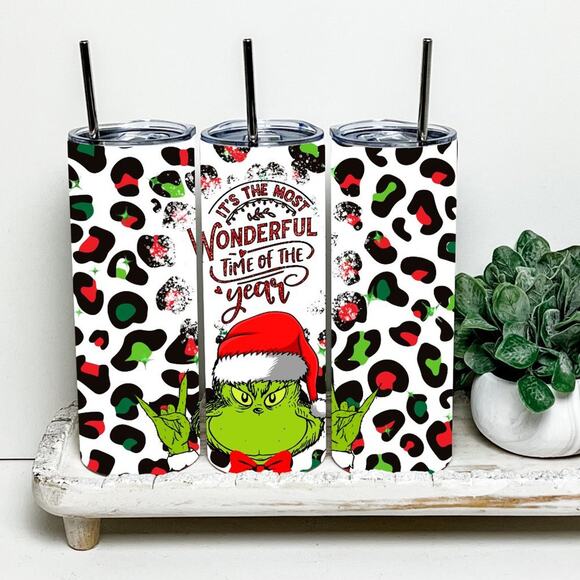The Grinch The Most Wonderful Time Of The Year 20oz Tumbler With Metal Straw - Picture 1 of 2